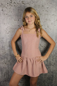 TIE STRAPS RUFFLE DRESS- PINK