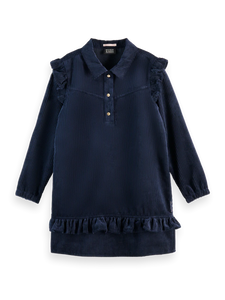 CORD RUFFLE DRESS- SKY CAPTAIN