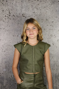 LEATHER ZIPPER TOP- GREEN