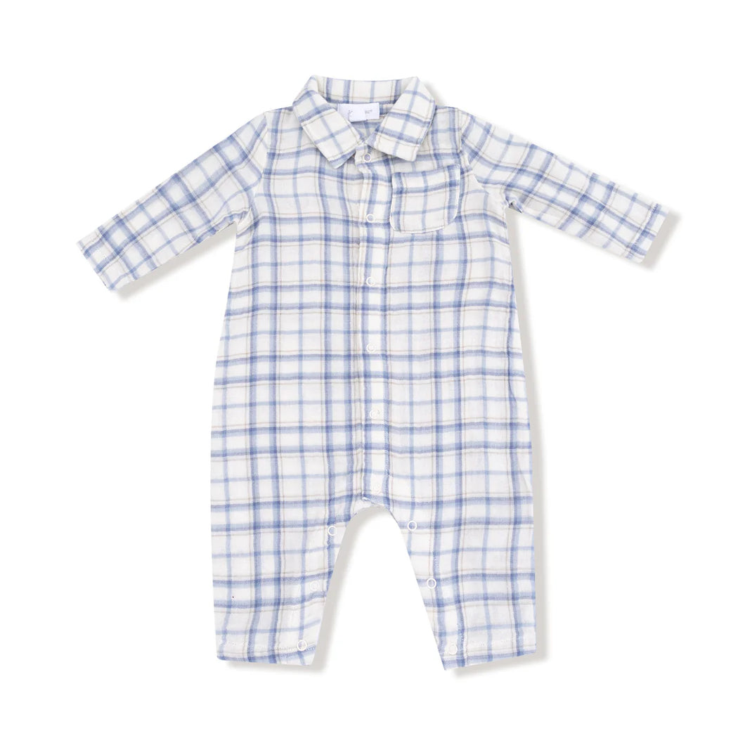 BLUE PLAID LS ROMPER