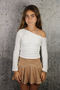SUEDE RUFFLE SKORT- CAMEL