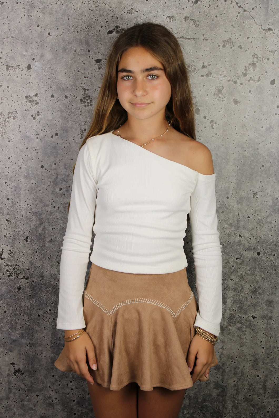 SUEDE RUFFLE SKORT- CAMEL