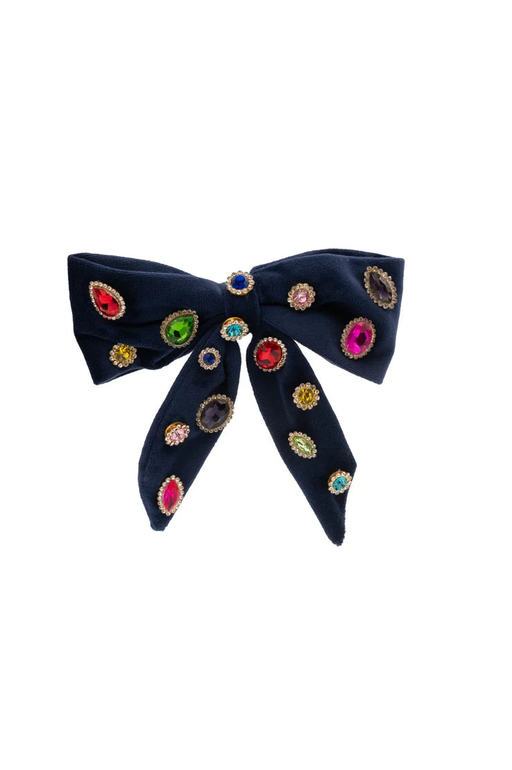 NAVY JEWEL VELVET BOW